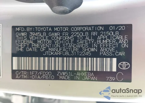 2020 Toyota Prius Le from USA, damaged, VIN JTDKARFU8L3112245